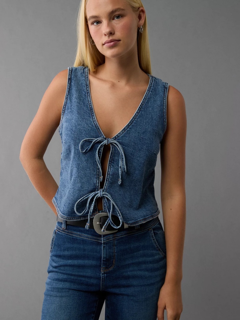 American Eagle AE Denim Bow Tie Vest XL western Country concert cowgirl fitted